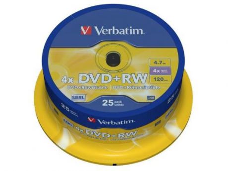 Диски DVD+RW 4.7Gb Verbatim 4x 25 шт Cake Box <43489>