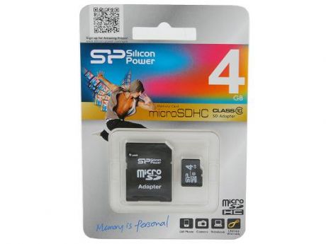 Карта памяти MicroSDHC 4GB Silicon Power Class10 + 1 Adapter