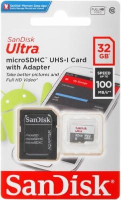 Sandisk Карта памяти 32GB Ultra microSDHC + SD Adapter 100MB/s Class 10 UHS-I SDSQUNR-032G-GN3MA