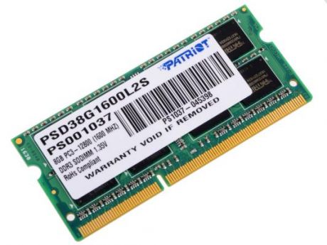 Оперативная память для ноутбука 8Gb (1x8Gb) PC3-12800 1600MHz DDR3 SO-DIMM CL11 Patriot PSD38G1600L2S