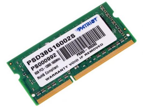 Оперативная память для ноутбука 8Gb (1x8Gb) PC3-12800 1600MHz DDR3 SO-DIMM CL11 Patriot PSD38G16002S