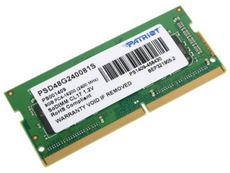 Оперативная память для ноутбука 8Gb (1x8Gb) PC4-19200 2400MHz DDR4 SO-DIMM CL17 Patriot PSD48G240081S