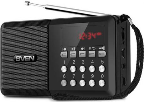 SVEN PS-60, черный (3 Вт, FM-тюнер, USB, microSD, LED-дисплей, фонарь, 3xAA, 600мА*ч)