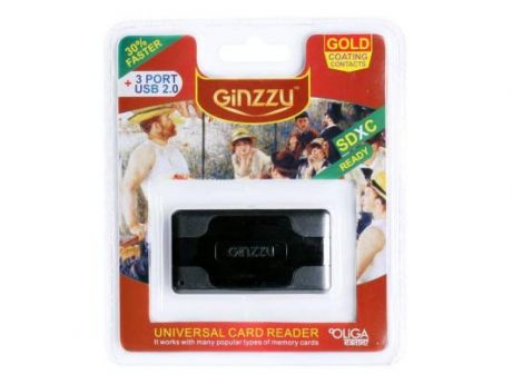 Карт-ридер USB 2.0 Ginzzu + Hub 3 port, Black (GR-417UB)