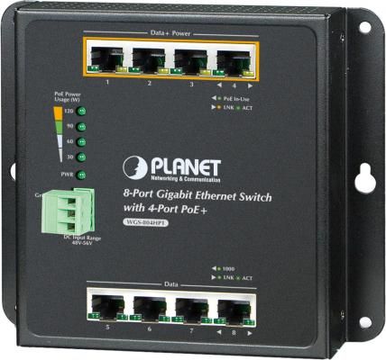 IP30, IPv6/IPv4, 8-Port 1000TP Wall-mount Managed Ethernet Switch with 4-Port 802.3AT POE+ (-40 to 75 C), dual redundant power input on 48-56VDC terminal block and power jack, SNMPv3, 802.1Q VLAN, IGMP Snooping, SSL, SSH, ACL