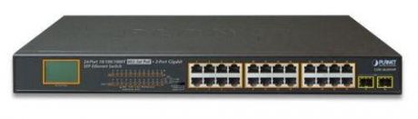 24-Port 10/100/1000T 802.3at PoE + 2-Port 1000SX SFP Gigabit Switch with LCD PoE Monitor (300W PoE Budget, Standard/VLAN/Extend mode)