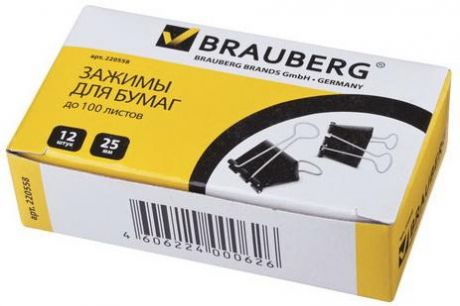 Зажимы для бумаг BRAUBERG, комплект 12 шт., 25 мм, на 100 л., черные, в картонной коробке, 220558
