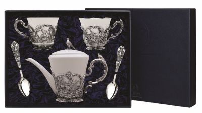 Набор "Королевская охота" из серебра (5 предметов: чайник + 2 чашки + 2 ложки)