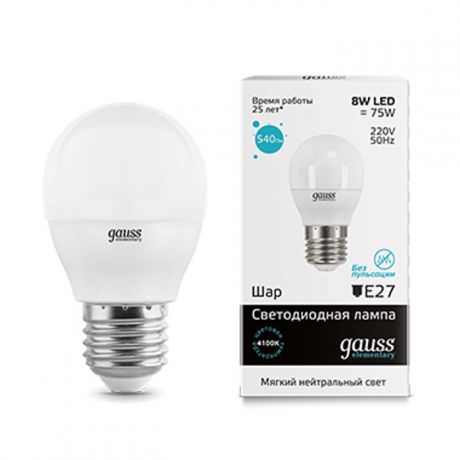 Упаковка светодиодных ламп Gauss Elementary LED Globe E27 8W 4100K 53228 x10