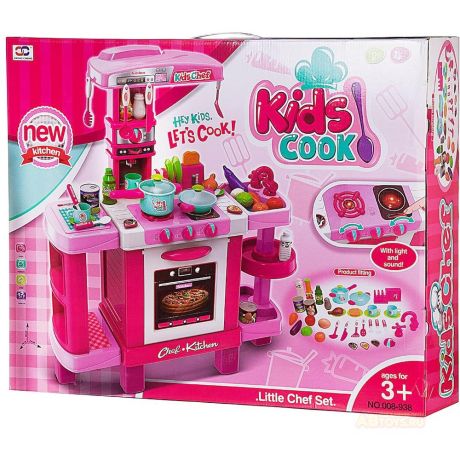 ABtoys Кухня Большая многофункциональная розовая, с аксессуарами, со световыми и звуковыми эффектами WK-D1093