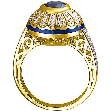 Кольцо с сапфиром, бриллиантами и эмалью из жёлтого золота