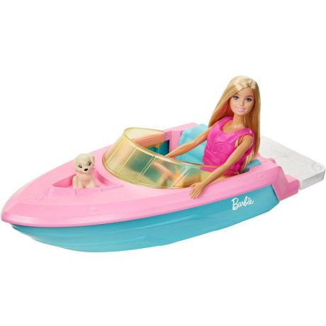 Mattel Barbie Кукла Барби в купальнике с лодкой, спасательным жилетом и щенком GRG30