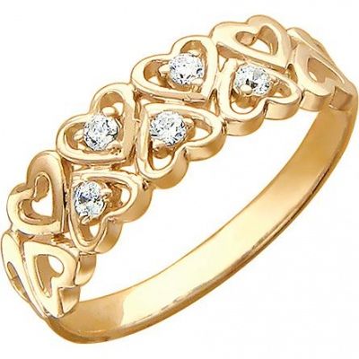 Кольцо Сердечки с фианитами из красного золота