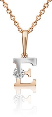 Подвеска буква "Е" с кристаллом swarovski из комбинированного золота