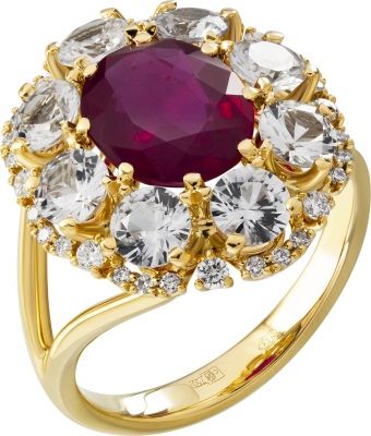 Кольцо с рубином, сапфирами и бриллиантами из жёлтого золота 750 пробы