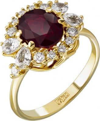 Кольцо с рубином, сапфирами и бриллиантами из жёлтого золота 750 пробы