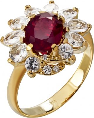 Кольцо с сапфирами, рубином и бриллиантами из жёлтого золота 750 пробы