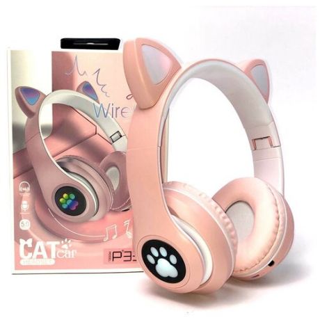Беспроводные наушники Cat Ear P33M с bluetooth и светящимися кошачьими ушками и лапкой (розовый)