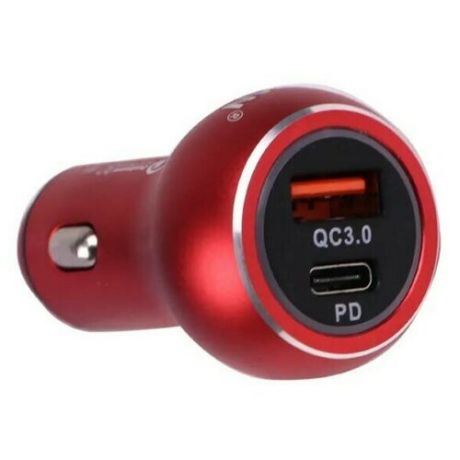 Автомобильное зарядное устройство USB + Type-C в прикуриватель автомобильный 3.1A, QC3.0 (металл) красный