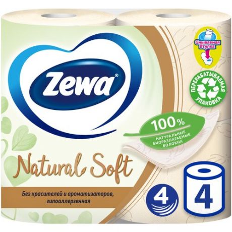 Туалетная бумага ZEWA Natural Soft 4-слойная, 4 рулона