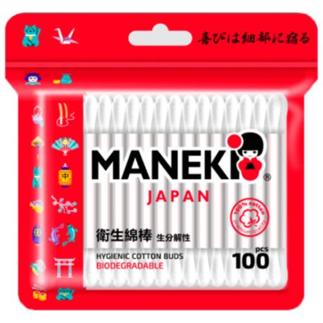 Палочки ватные MANEKI RED с белым бумажным стиком, 220 шт (стакан)
