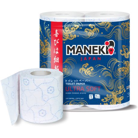Туалетная бумага MANEKI OCEAN 3сл., 167л, 23м.голуб.тиснение и аром. Океан.бриза, 4 рулона в упаковке