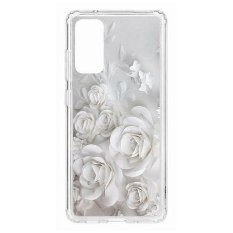 Чехол на Samsung Galaxy S20 FE Kruche Print White roses/накладка/с рисунком/прозрачный/бампер/противоударный/ударопрочный/с защитой камеры