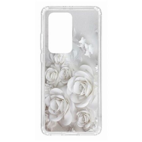 Чехол на Huawei P40 Pro+ Kruche Print White roses/накладка/с рисунком/прозрачный/бампер/противоударный/ударопрочный/с защитой камеры