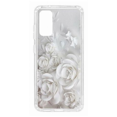 Чехол на Samsung Galaxy S20 Kruche Print White roses/накладка/с рисунком/прозрачный/бампер/противоударный/ударопрочный/с защитой камеры