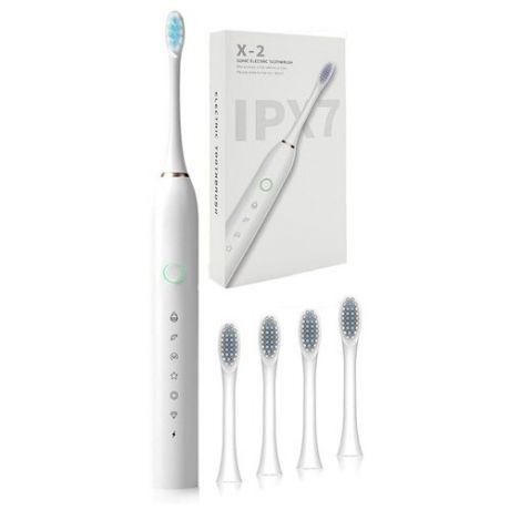 Электрическая зубная щетка Sonic Electric Toothbrush IPX X7-2 в комплекте 4 сменные насадки, белая
