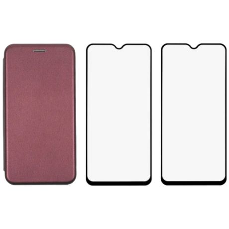 Комплект для Samsung Galaxy A12 / M12 : чехол книжка бордовый + два закаленных защитных стекла с черной рамкой на весь экран / Самсунг А12 / М12