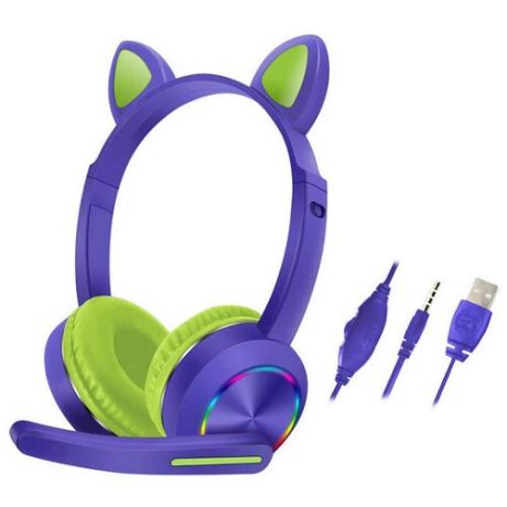 Проводные наушники со светящимися ушками кошки Cat с Микрофоном/фиолетовые