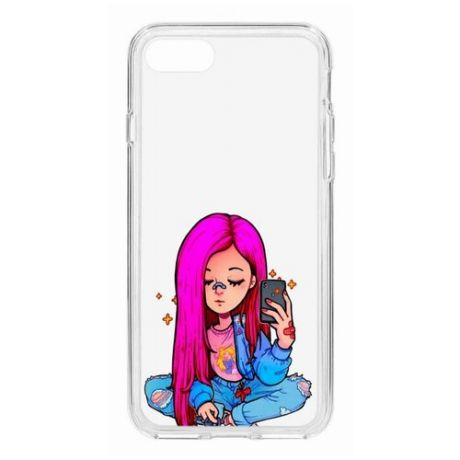 Чехол на Apple iPhone 7 Kruche Print Pink Hair/накладка/с рисунком/прозрачный/защита камеры/бампер/противоударный/силиконовый
