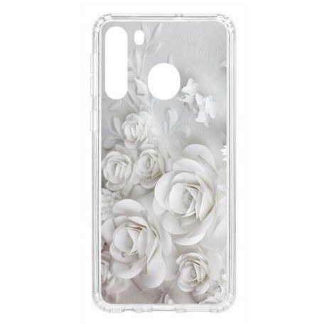 Чехол на Samsung Galaxy A21 Kruche Print White roses/накладка/с рисунком/прозрачный/защита камеры/бампер/противоударный/силиконовый