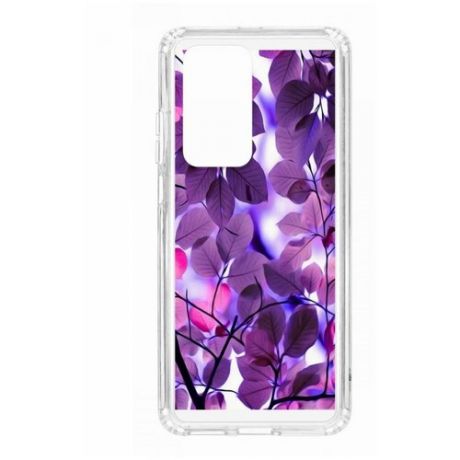 Чехол на Huawei P40 Pro Kruche Print Purple leaves/накладка/с рисунком/прозрачный/защита камеры/бампер/противоударный/силиконовый