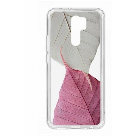 Чехол на Xiaomi Redmi 9 Kruche Print Pink and white/накладка/с рисунком/прозрачный/защита камеры/бампер/противоударный/силиконовый