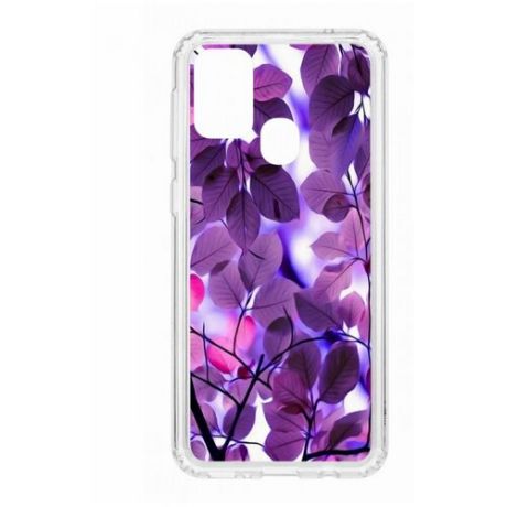 Чехол на Samsung Galaxy M31 Kruche Print Purple leaves/накладка/с рисунком/прозрачный/защита камеры/бампер/противоударный/силиконовый