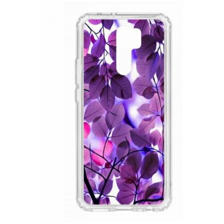Чехол на Xiaomi Redmi 9 Kruche Print Purple leaves/накладка/с рисунком/прозрачный/защита камеры/бампер/противоударный/силиконовый
