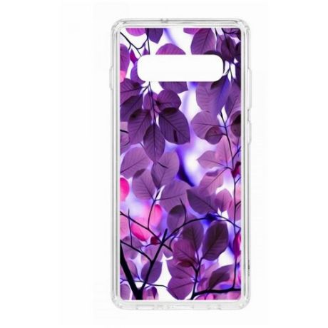 Чехол на Samsung Galaxy S10+ Kruche Print Purple leaves/накладка/с рисунком/прозрачный/защита камеры/бампер/противоударный/силиконовый