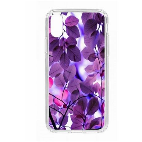 Чехол на Apple iPhone XS Kruche Print Purple leaves/накладка/с рисунком/прозрачный/защита камеры/бампер/противоударный/силиконовый