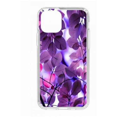 Чехол на Apple iPhone 11 Pro Kruche Print Purple leaves/накладка/с рисунком/прозрачный/защита камеры/бампер/противоударный/силиконовый