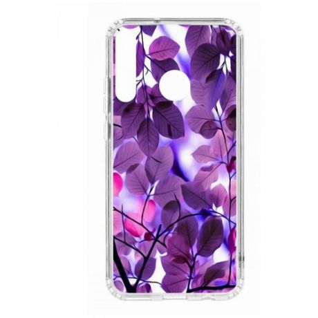 Чехол на Huawei P40 Lite E Kruche Print Purple leaves/накладка/с рисунком/прозрачный/защита камеры/бампер/противоударный/силиконовый