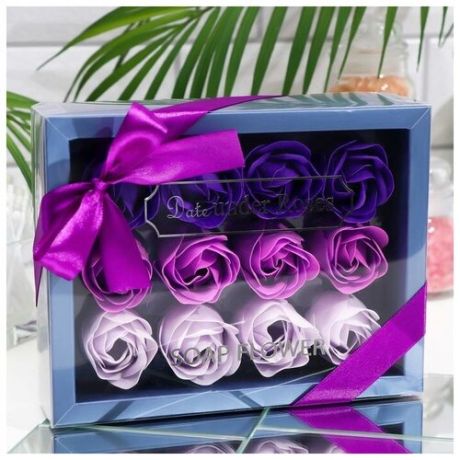 Набор роз в картонной коробке 12 штук, фиолетового оттенка