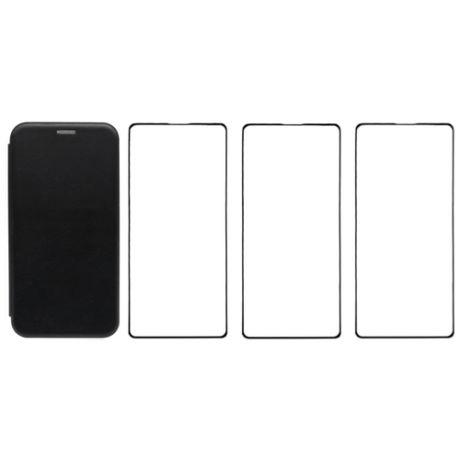 Комплект для Xiaomi Redmi Note 6 : чехол книжка черный + три закаленных защитных стекла с черной рамкой