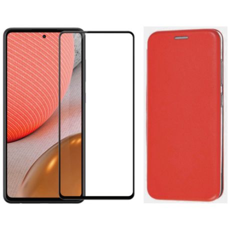 Фирменный выгодный комплект 2 в 1 для Samsung Galaxy A02: чехол книжка иск. кожа красный цвет + защитное полноэкранное черное стекло / самсунг А02