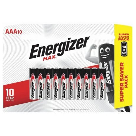 Батарейки комплект 10 шт., ENERGIZER Max, AAA (LR03, 24А), алкалиновые, мизинчиковые, блистер, E301534701, 1 шт.