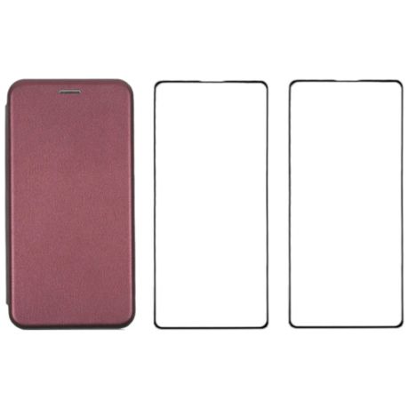 Комплект для iPhone 11 Pro Max: чехол книжка бордовый + два закаленных защитных стекла с черной рамкой