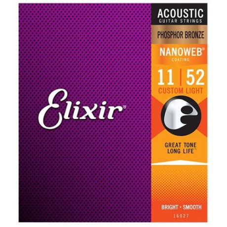 16027 NANOWEB Комплект струн для акустической гитары, Custom Light, фосфорная бронза, 11-52, Elixir