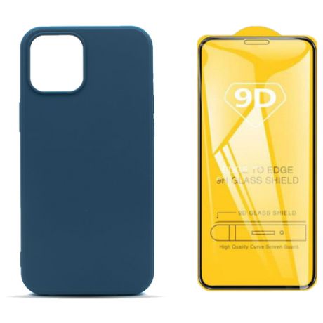 Чехол накладка для iPhone 12 с подкладкой из микрофибры / комплект с защитным стеклом / синий