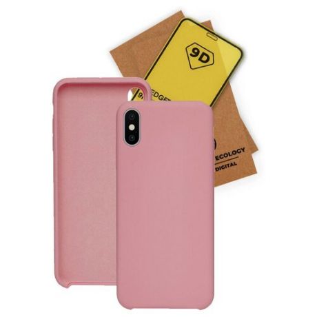 Чехол накладка для iPhone X с подкладкой из микрофибры / комплект с защитным стеклом / розовый